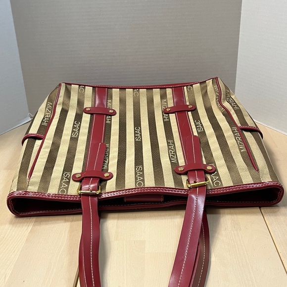 ISAAC MIZRAHI for TARGET Brown & Tan Striped Logo Tote w/ Faux Red Leather Trim - Picture 7 of 13